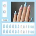 French almond press-on nails with light blue heart designs and glossy finish set - Blue Heart Style (W334)