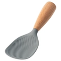 Non-stick grey silicone rice paddle with heat-resistant wooden handle and standing base - Deep Gray Rice Scoop (Vertical)