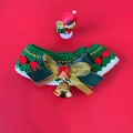 Handmade green crochet Christmas pet collar with red pom-poms and gold bell charm - Green Plaid Scarf with Bell Bowtie