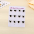 Set of 12 pairs stainless steel heart stud earrings with black stones on white display card - Silver/Black