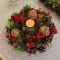 Christmas pinecone candle holder with red berries and glass cup for festive decor - Red Berry Round Style 26*9cm