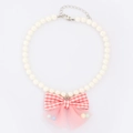 Pink checkered bow pet pearl necklace with lace mesh and adjustable silver chain - Red