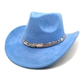 Detail of bright blue suede cowboy hat with turquoise beads and metal feather pendant - M (56-58cm) / Haze Blue
