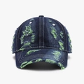 Distressed dark blue denim baseball cap with fluorescent green frayed edge detailing - Dark Blue Denim with Green Stitching