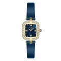 Montre femme dorée, cadran carré bleu marine avec cristaux et bracelet en cuir bleu - Boîtier Doré Cadran Bleu Bracelet Bleu