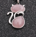 Pink aventurine quartz cat pendant necklace with silver finish for cat lovers - Rose Quartz Cat + 60CM Rope Chain