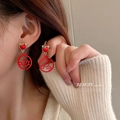 Chinese style red bear earrings with gold trim and hollowed double joy character - Chinese Style Red Bear Double Happiness (12#银针-红色)