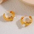 Elegant 18k gold plated titanium steel hoop earrings with irregular wave texture and pearls - C-Shape Single Artificial Pearl
