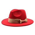 Elegante sombrero fedora de fieltro rojo para mujer con un lazo de raso beige - Ajustable / Rojo