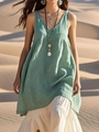 Vestido largo verde sin mangas de lino con escote en V y volante blanco en desierto - S / Top Y Pantalón / Verde claro