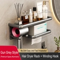Gunmetal wall-mounted bathroom organizer with hair dryer holder and storage shelf - Gun Grey Hair Dryer Holder + Tissue Dispenser