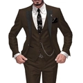 Three-piece men's slim fit suit in dark brown with notch lapel, vest, and skull tie - Coffee