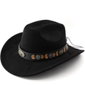 Detailed close-up of a black faux suede cowboy hat with bull head and star metal studs - M (56-58cm) / Black
