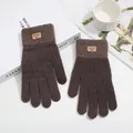Thick knit alpaca wool touchscreen gloves in dark brown with elegant leather logo patch - Coffee