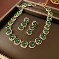 Detailed top view of gold necklace and earrings set with green gemstones and rhinestones - 30# Necklace-Gold-Green (2pcs Set)
