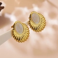 Vintage gold oval earrings featuring white mother of pearl and ribbed metal texture - Gold Vintage White Heart