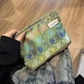 Green vintage brocade storage bag with floral embroidery and drawstring closure - Lotus