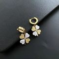 Gold-plated four-leaf clover stud earrings with white mother-of-pearl and small crystal - Four Leaf Clover Earrings (534#XK) / Gold