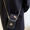 Black quilted crossbody iPhone case with golden turn-lock pocket and butterfly detail - iPhone 15 / Black