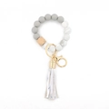 Grey marble silicone and beech wood bead keychain wristlet with tassel and gold metal ring - 12 Marble