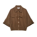 Bruine safari damesblouse met klepzakken en elastische taille op een witte achtergrond - XS / Donkerbruin