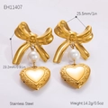 Goldene Schleifenohrringe mit Perle und Herzanhänger aus poliertem Edelstahl-Finish - EH11407/Goldene Schleife Perle Herz Ohrringe