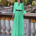 Elegant mint green V-neck jumpsuit with sequined wide leg trousers and a black belt - Cyan with Belt