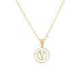 Golden hollow V-letter necklace with white inlay detail and delicate round pendant - Letter V