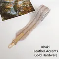 Detail of khaki geometric woven strap with gold metal hooks and leather connectors - Gold Hook / Khaki + Khaki Leather