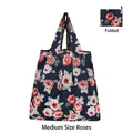 Foldable navy blue medium shopping bag with pink rose pattern and compact folded view - Medium - Rose Pattern