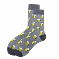 Light gray crew socks with yellow beer mug patterns and dark gray heel detailing - Grey Beer
