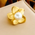 Matte gold five-petal flower ring with a large center pearl on silk background - Matte Gold 5-Petal Flower Pearl Style (R539) / Adjustable Open