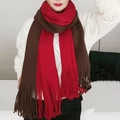 Winter thick knit scarf in red and brown color blocking with fringe ends worn by model - Wine Red and Coffee