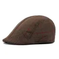 Classic brown plaid newsboy flat cap in retro wool fabric shown from a side profile view - M(56-58cm) / Coffee