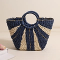 Blue and white striped straw tote bag with golden thread and round handles for vacation - Blue + Beige