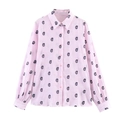 Roze paisley gestreepte losse blouse met lantaarnmouwen en een klassieke knoopkraag voor dames - XS / Roze
