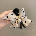 Polka dot chiffon bow hair claw clip featuring large pearl and metal accents - Polka Dot Beige-Tassel