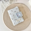 Floral fabric notebook cover in light blue with plaid flap and pink heart button accent - Twill Floral Blue