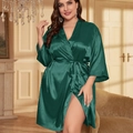 Women's dark green satin robe with tie waist and silky finish for elegant home lounging - 3XL / Green