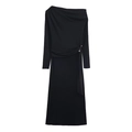 Elegant black off-the-shoulder long sleeve dress with waist pleats and pearl detail - S / Black
