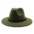Detail of army green wide brim fedora hat featuring a black braided leather hatband - Army Green