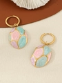 Pastel pink and mint green enamel drop earrings on elegant golden circular hoops - Pink Purple Green Oval