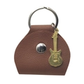 Brown leather guitar pick case with a metallic guitar pendant and key ring detail - Brown Pick Bag + Gold Guitar Pendant