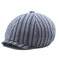 Striped navy blue and white cotton newsboy cap with vertical pattern and top button - Navy Blue