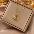 Golden titanium steel necklace featuring a colorful zircon flower pendant with twisted chain - Gold Colorful Zirconia Flower