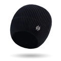 Men's winter black knit beanie hat with warm thermal lining and side metal logo detail - One Size / Black