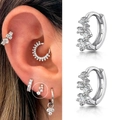 Sparkling geometric cubic zirconia silver ear cuff on model with detailed macro view - CC038-1 / Platinum+8mm