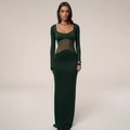 Elegante donkergroene maxi-jurk met lange mouwen en mesh-inzet in de taille voor dames - S / Groen