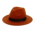 Caramel fedora hat with black ribbon, vintage British style wide brim wool felt jazz cap - M (56-58cm) / Dark Orange