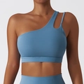 Asymmetric single shoulder yoga sports bra in foggy blue with elastic fabric - Light Grey Blue